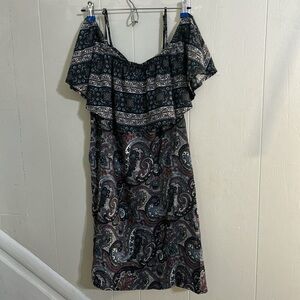 Massini Off the Shoulder, Paisley Mini Dress w/ Ruffles- Purple & Blue - Size XL